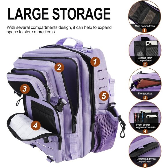 45L Tactical Backpack Molle Bag Lavender Water-Resistant Heavy-Duty Nylon Large - Picture 2 of 6
